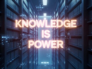 A vast library of knowledge, illuminated by the glow of "Knowledge is Power.