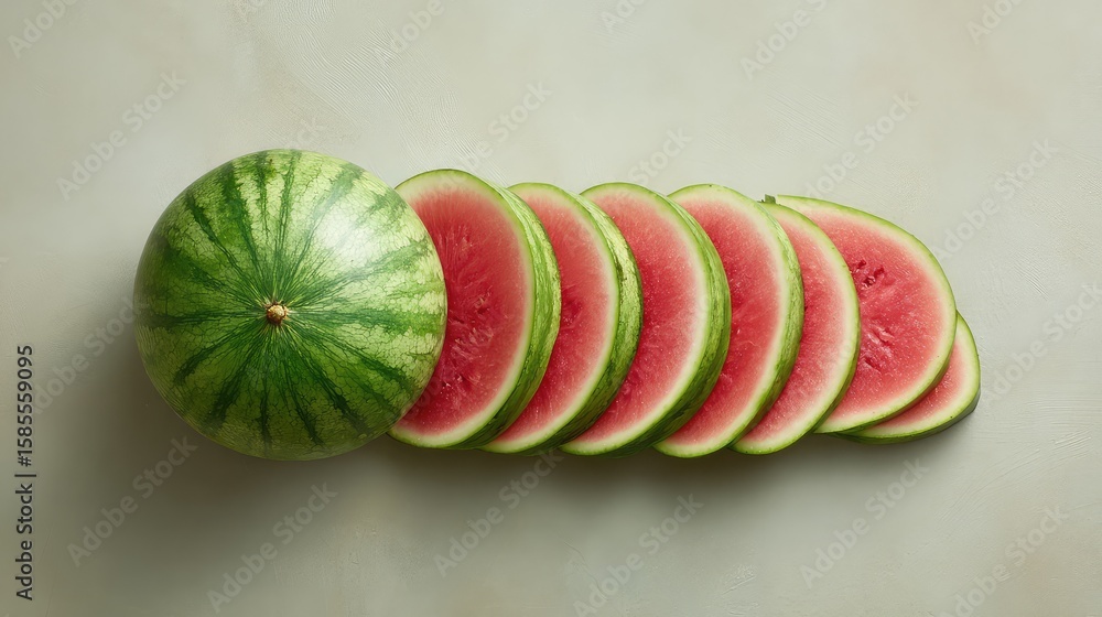 Poster top-down image of whole watermelon and slices arranged neatly on table with ample room for layout