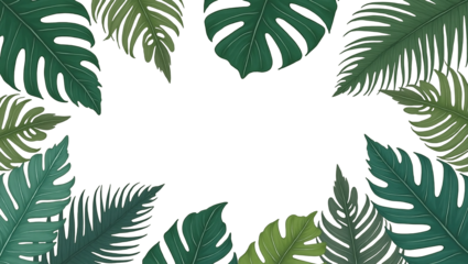 A keyframe design of a seamless botanical frame with assorted green tropical leaves.