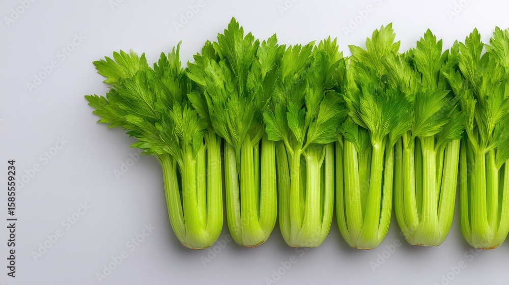 Poster top view of fresh celery sticks laid out neatly on a white background with clean empty space