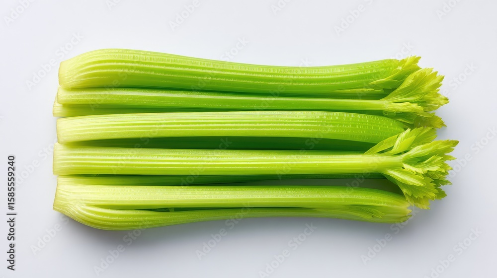 Aufkleber top view of fresh celery sticks laid out neatly on a white background with clean empty space