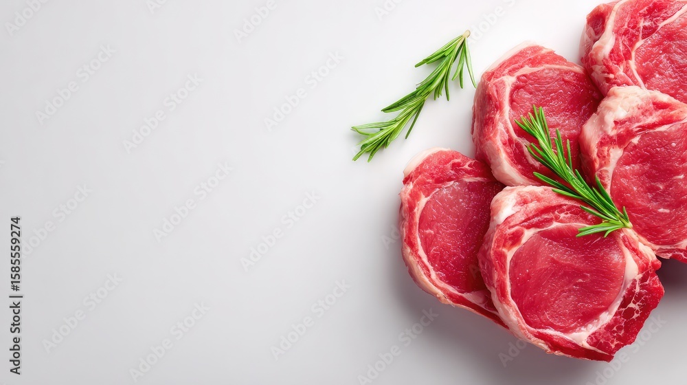Poster top view of meat cuts placed in refrigerated butcher counter style with clean copy space area