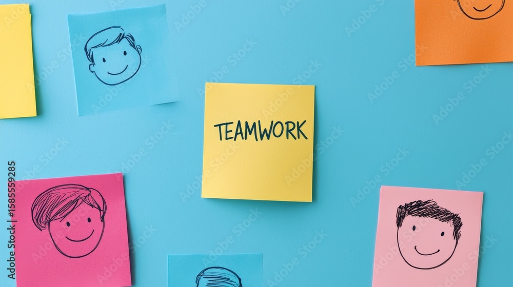 Poster group of colorful sticky notes with the word teamwork written on them for collaboration and organiza