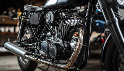 Fototapeta premium Close Up Black Vintage Motorcycle Engine Detail