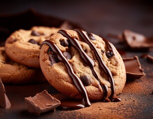 chocolate chip cookies with melted chocolate on dark background