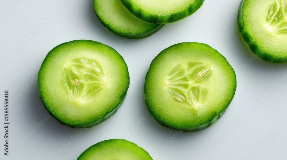 Poster top view of sliced cucumbers in clean geometric layout on light surface with open space