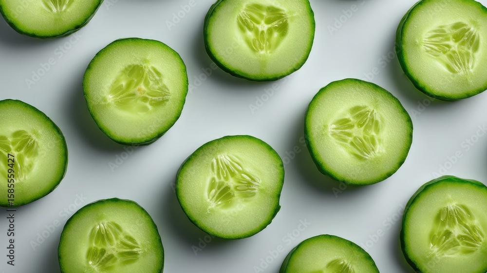 Poster top view of sliced cucumbers in clean geometric layout on light surface with open space