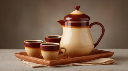 Traditional ceramic coffee pot with matching cups on a wooden tray with linen napkin and negative space