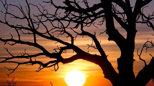Silhouette of branches under the setting sun Picture Silhouette of dead trees under the setting sun