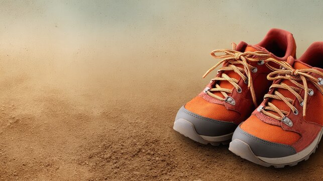Trail shoes with dirt texture placed on outdoor surface with earthy background and copy space