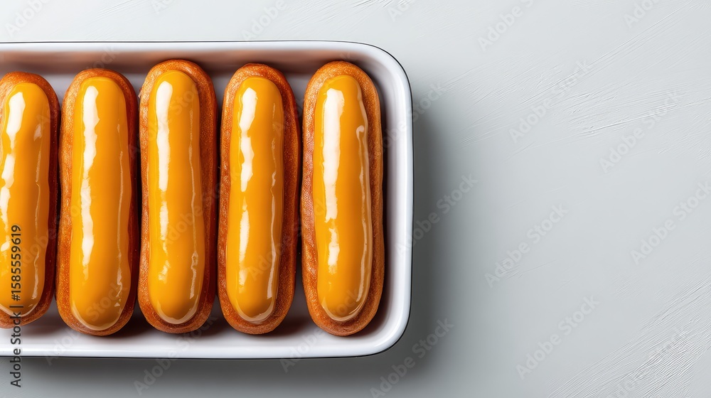 Poster tray of glazed clairs arranged neatly with clean white background and copy space