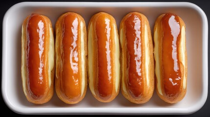 Tray of glazed clairs arranged neatly with clean white background and copy space