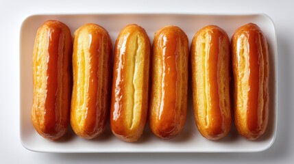 Tray of glazed clairs arranged neatly with clean white background and copy space