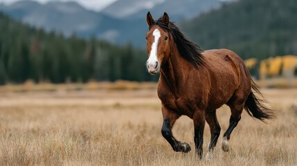 Obraz premium Majestic horse gallops freely across the golden meadow under cloudy skies