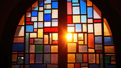 Colorful stained glass window with sunburst sunlight