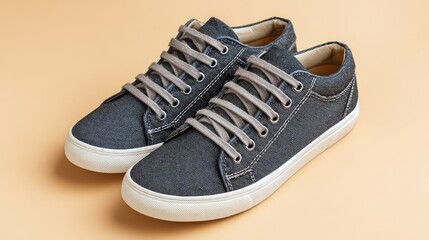 Trendy ankle sneakers placed in center of light tone paper sheet with clean composition