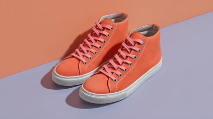 Trendy ankle sneakers placed in center of light tone paper sheet with clean composition
