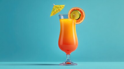 Tropical cocktail in a tall glass with a small umbrella and fruit garnish on bright background