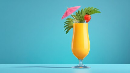 Tropical cocktail in a tall glass with a small umbrella and fruit garnish on bright background