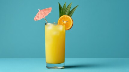 Tropical cocktail in a tall glass with a small umbrella and fruit garnish on bright background