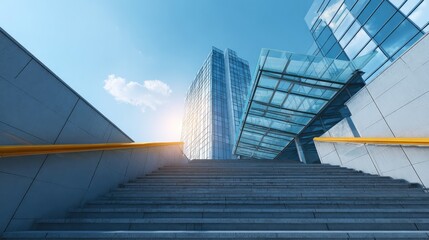 Urban commercial building entrance with wide stairs and glass canopy, clear sunny day with copy space