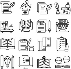 Literature & Writing icon set. Includes of writing, book, author, novel, poem, and More. Outline icons vector collection
