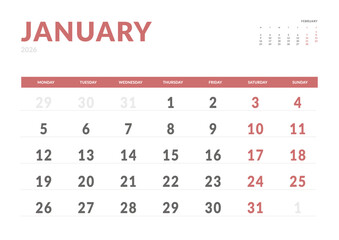 Monthly page Calendar Planner Template design of January 2026. Vector layout of calendar with week start Monday for Scheduling. Page for size A4 or 21x29.7 cm