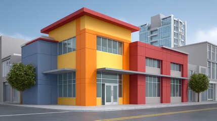Urban commercial building exterior with signage space and open street view, modern architectural elements with copy space