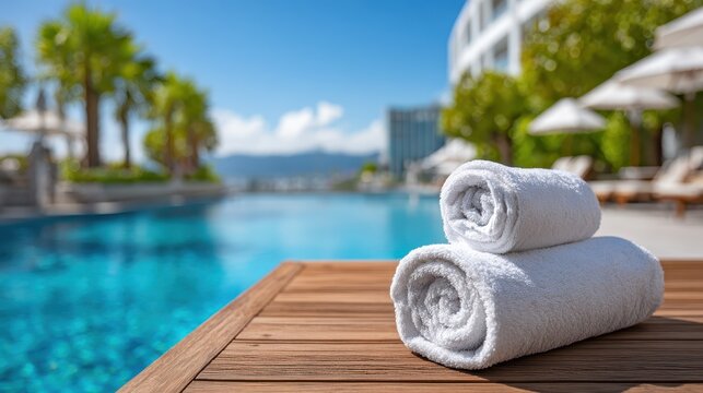 Relaxing moments by the sparkling pool under the bright blue sky