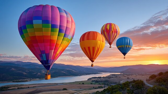 Colorful hot air balloons gracefully floating over a serene lake at sunset
