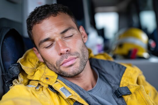 A firefighter in a yellow coat sleeps soundly in a vehicle, embodying the intense demands of his job but allowing a vulnerable moment to surface amidst his rigorous duties.