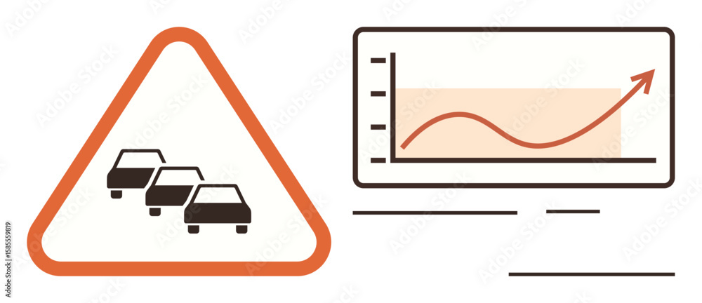 Poster warning triangle with cars representing traffic congestion alongside a graph indicating an upward tr