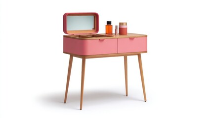 Vanity with lifted lid revealing storage compartments, makeup trays and mirror, leaving ample space
