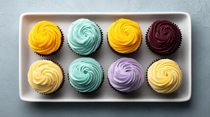 Variety of colorful cupcakes with frosting arranged neatly on a white tray with clean background and copy space