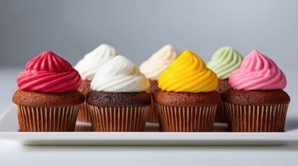 Variety of colorful cupcakes with frosting arranged neatly on a white tray with clean background and copy space