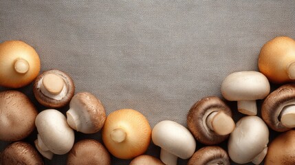 Variety of fresh mushrooms arranged symmetrically on light cloth with space in top corner