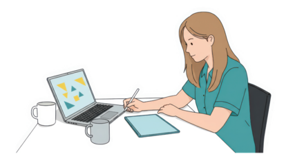 Illustration of Woman Working with Laptop and Drawing Tablet