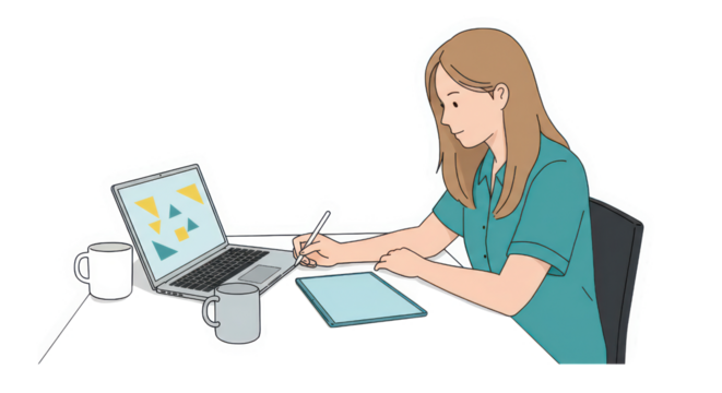 Illustration of Woman Working with Laptop and Drawing Tablet