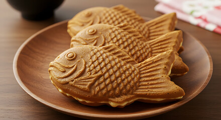 Delicious Japanese Taiyaki Fish-Shaped Pastries on a Wooden Plate