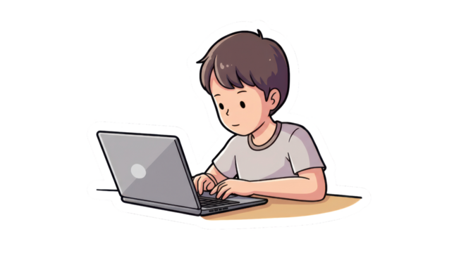 Cute Cartoon Boy Learning or Typing on Laptop