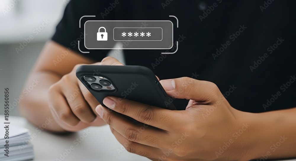 Poster man holding smartphone with security lock overlay - cybersecurity concept