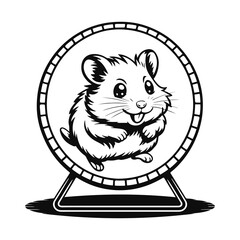 Cute Hamster in Exercise Wheel - Black and White Illustration
