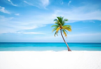 Fototapeta premium White sand beach, few palm trees swaying gently in breeze, nature, getaway