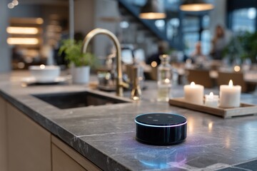 A striking black smart speaker on a stylish kitchen countertop, surrounded by a contemporary kitchen setup, enhancing the culinary experience with modern technological innovation.