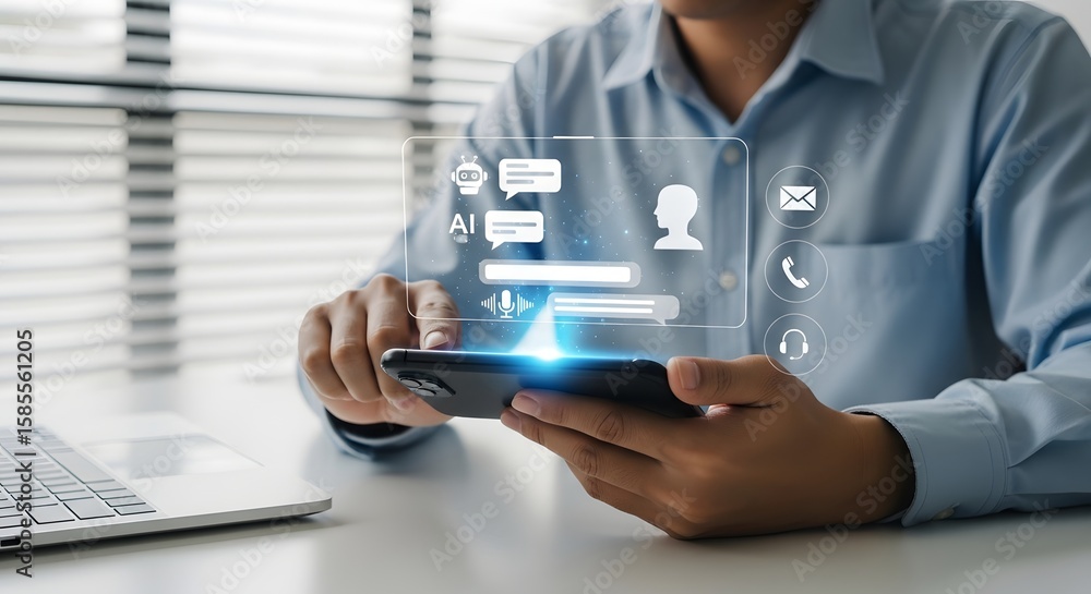 Poster man holding smartphone with ai chat interface overlay