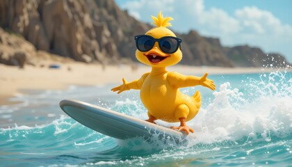 Cartoon Duck in Sunglasses Surfing Waves – Joyful Summer Adventure on Sunny Beach Day, Perfect for Fun, Playful Vibes, and Surf-Themed Seasonal Promotions