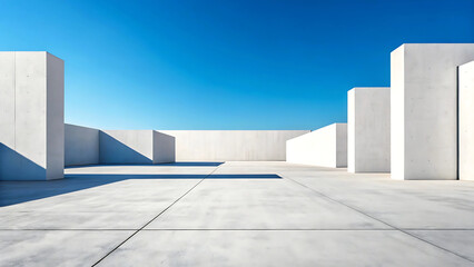 Obraz premium Modern minimalist architecture with clean white concrete walls and blue sky
