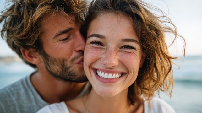 Joyful couple enjoying a romantic moment at sunset by the beach