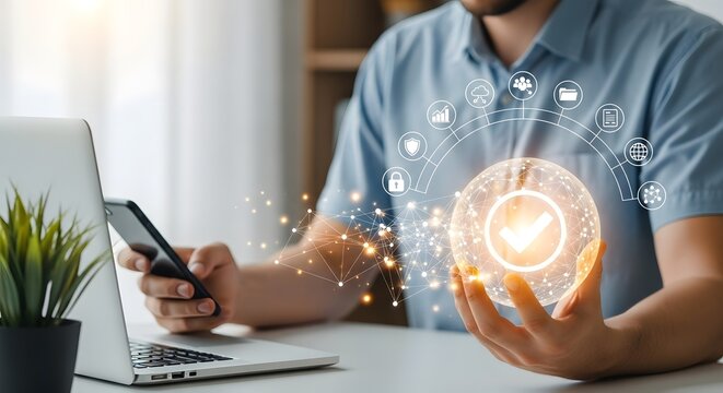 Man Using Smartphone with Digital Network Overlay - Powered by Adobe