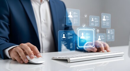 Man Using Laptop with Holographic User Profiles Interface - Digital Authentication and Data Analysis Concept